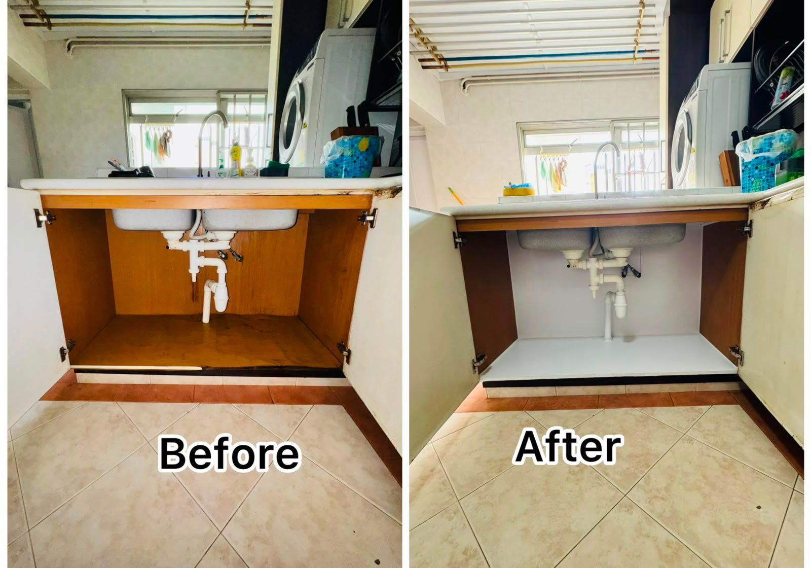 Kitchen Sink Cabinet Interior Refurbishment & Base Board Replacement Service in Singapore